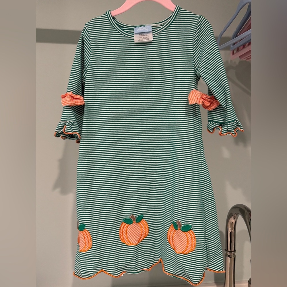 Classic Whimsy Striped Green Dress with Orange Pumpkin Appliqués